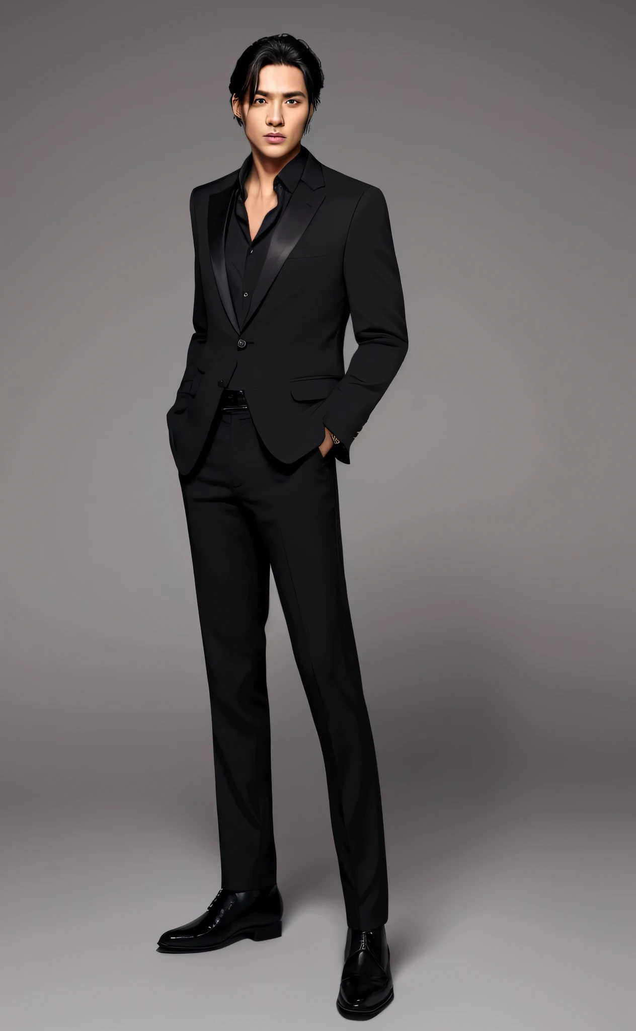 A man in a suit with his black pants unbuttoned, hands in his pockets, taking a photo.