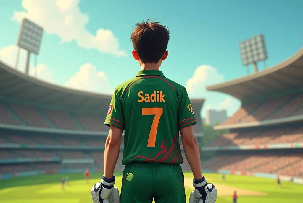 2 1 ager wearing a green jarsey and red Design in a cricket stadium standing through cricket bat at And the jarsey number is 7.Show the backside.show the name of jarsey Sadik