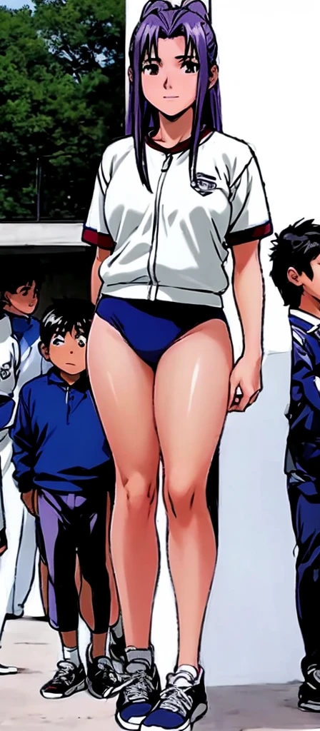 Momoko Koigakubo, a tall girl with beautiful legs, stands in a white gym uniform and light navy blue bloomers that look like panties.。A young boy in a tracksuit is standing next to Momoko Koigakubo and is being held by her.。