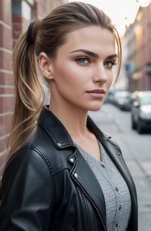 closeup headshot of S376_HannaEdwinson,an attractive woman,in a (town:1.1),wearing a (plaid-leather-jacket:1.1),(ponytail),(4k, RAW photo, best quality, 35mm, depth of field, ultra high res:1.1),(intricate, photorealistic, cinematic-shot, masterpiece, ultra-detailed:1.1),