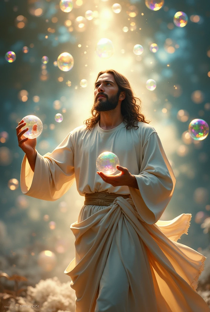 Jesus bursting a soap bubble. Surrounded by soap bubbles.
