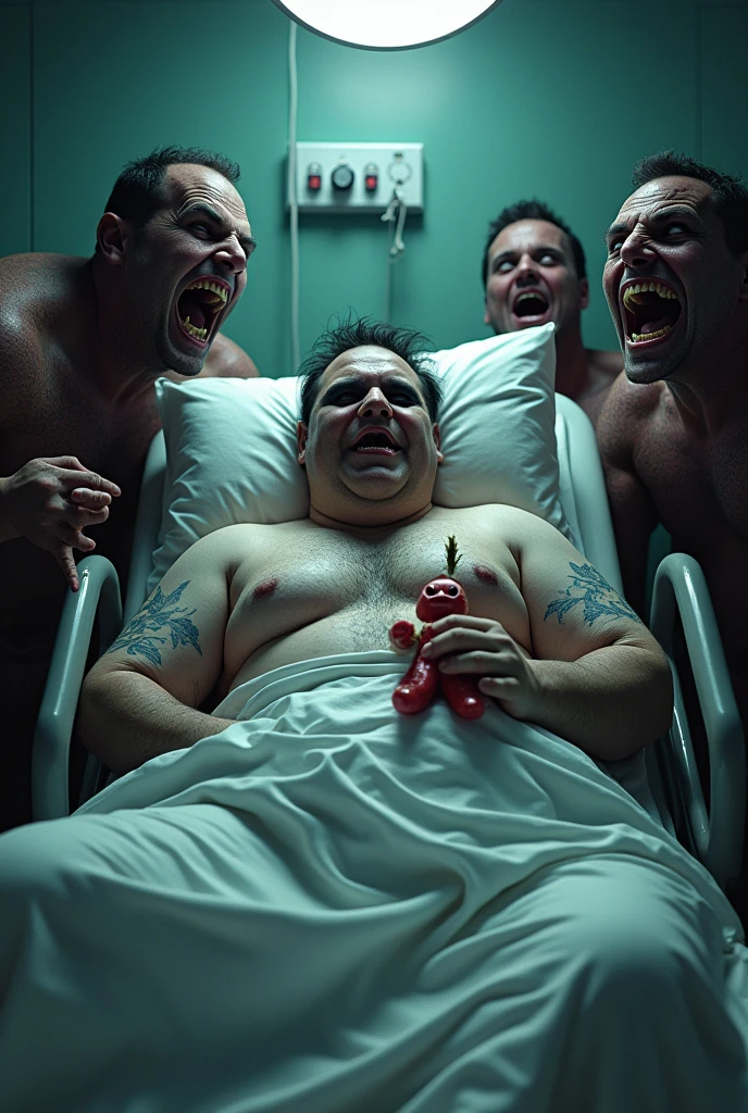 Aggressive chubby man with long fingernails wearing make-up is lying sick in a hospital bed and has a voodoo doll in his hand. Demons are standing around him, the demons are laughing at him.