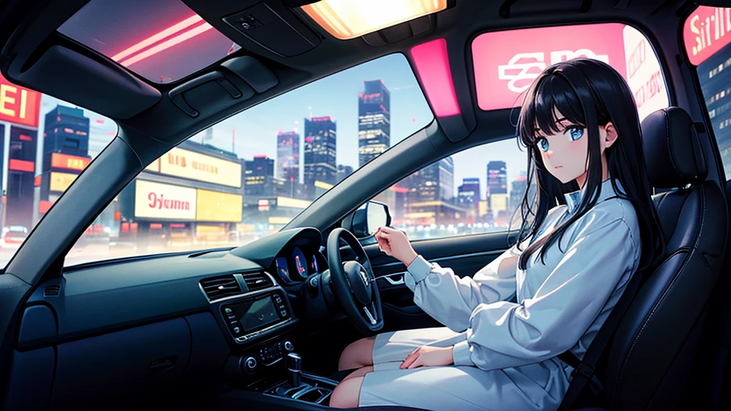 Create an image from the angle inside a car, showing a woman with a thoughtful expression on her face as she gazes out of the side window at the cityscape. The city outside should be visible, illuminated by streetlights and neon signs. Use soft, pastel colors and subtle gradients to capture a dreamy, reflective atmosphere. Ensure the interior of the car feels cozy and comfortable, adding to the overall serene vibe.
