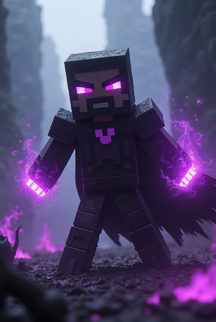 Crete a image of dark Minecraft caracter Steve in purple and black theme using super power and killing the black entitys in a realistic way