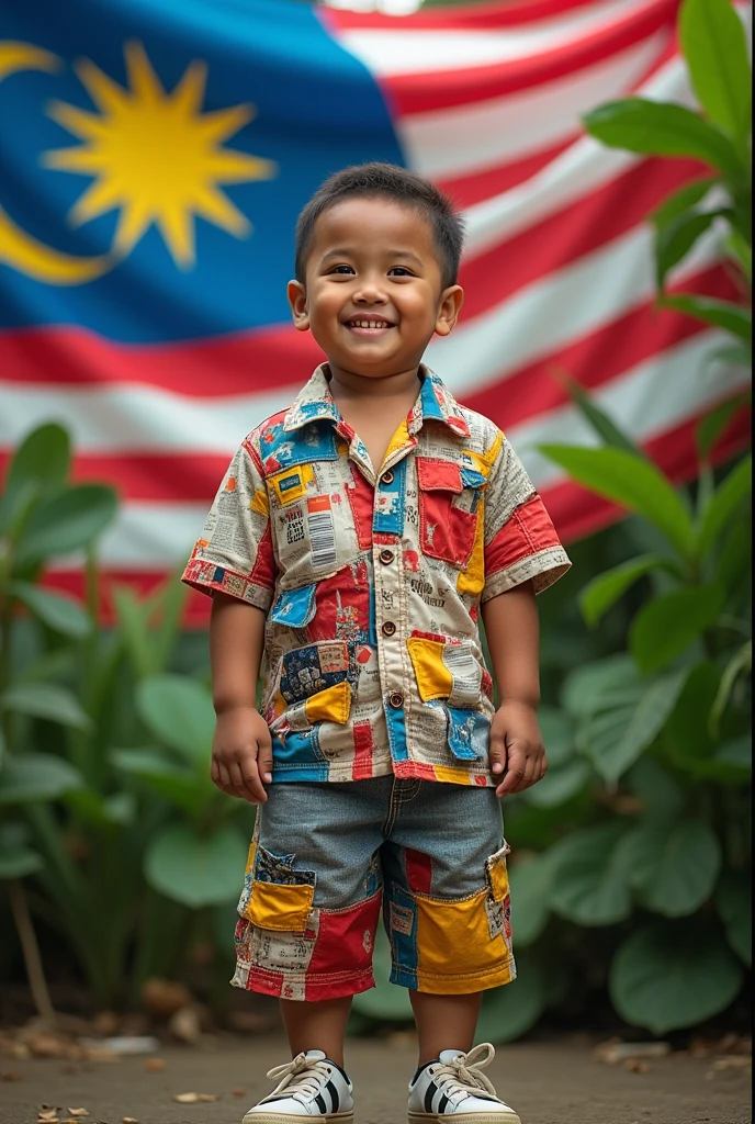 Boy wearing recycle outfits theme merdeka jalur gemilang 