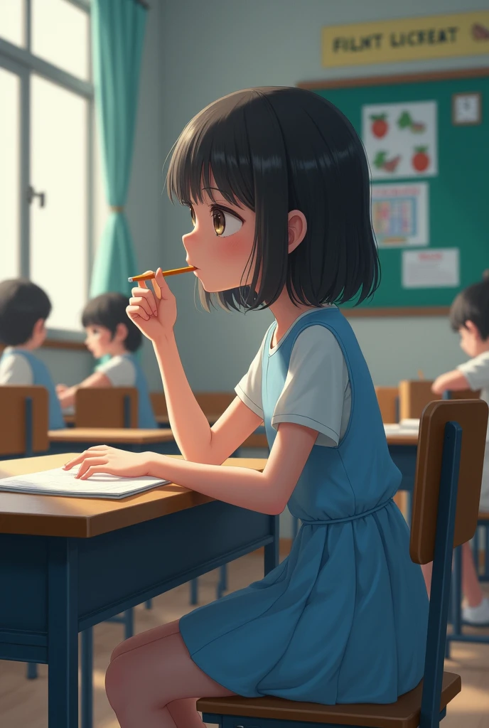 A girl sat on a last bench with blue colour dress and pencil in the mouth in a classroom at last bench