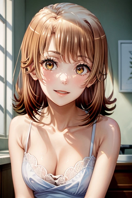 Depth of written boundary、Perfect lighting、Particles of light、(Highest quality)、(masterpiece)、(Super detailed)、Sharp Focus、pack、:3、solo、Close-up、Upper Body、Bedroom、On all fours、Looking up、smile、large breasts、cleavage、naked towel