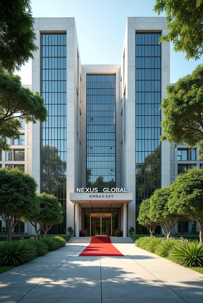 A wonderful and luxurious building, it's on it's own with large compound with trees and Grass with corporate Singaporean architecture and the words Nexus Global Embassy fully exposed on the building separate concrete with red carpet on the entrance with a good full view and angle .Expose the words Nexus Global Embassy on the concrete fully I can't see the words and the driveway the spelling is wrong