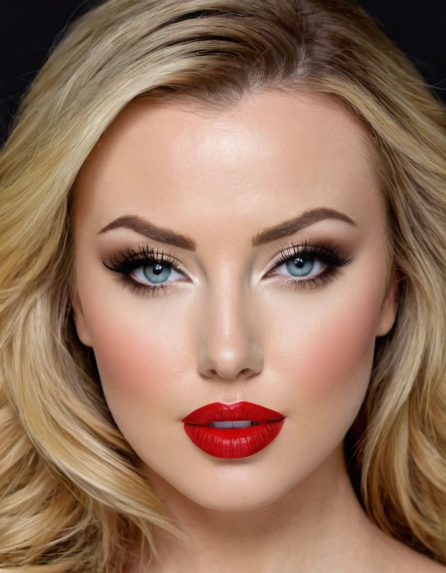 A waist-up portrait of a beautiful female whose facial features are a combination of Kayden Kross + Saxon Sharbino. The female has lovely makeup on her face. The female wears red lipstick. Symmetrical eyes. Symmetrical face. Lovely details. Photorealistic. Full-colored photo. Professional photo. Highly detailed 8K.