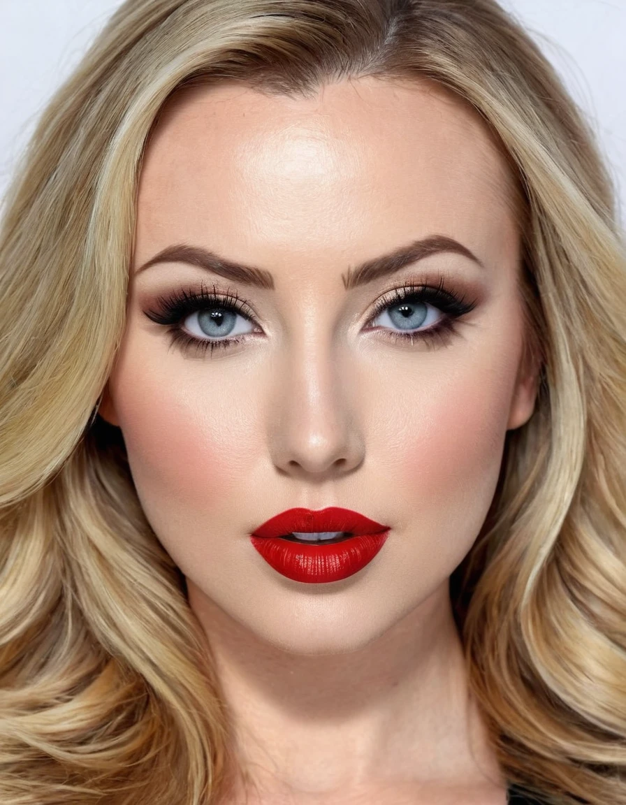 A waist-up portrait of a beautiful female whose facial features are a combination of Kayden Kross + Saxon Sharbino. The female has lovely makeup on her face. The female wears red lipstick. Symmetrical eyes. Symmetrical face. Lovely details. Photorealistic. Full-colored photo. Professional photo. Highly detailed 8K.