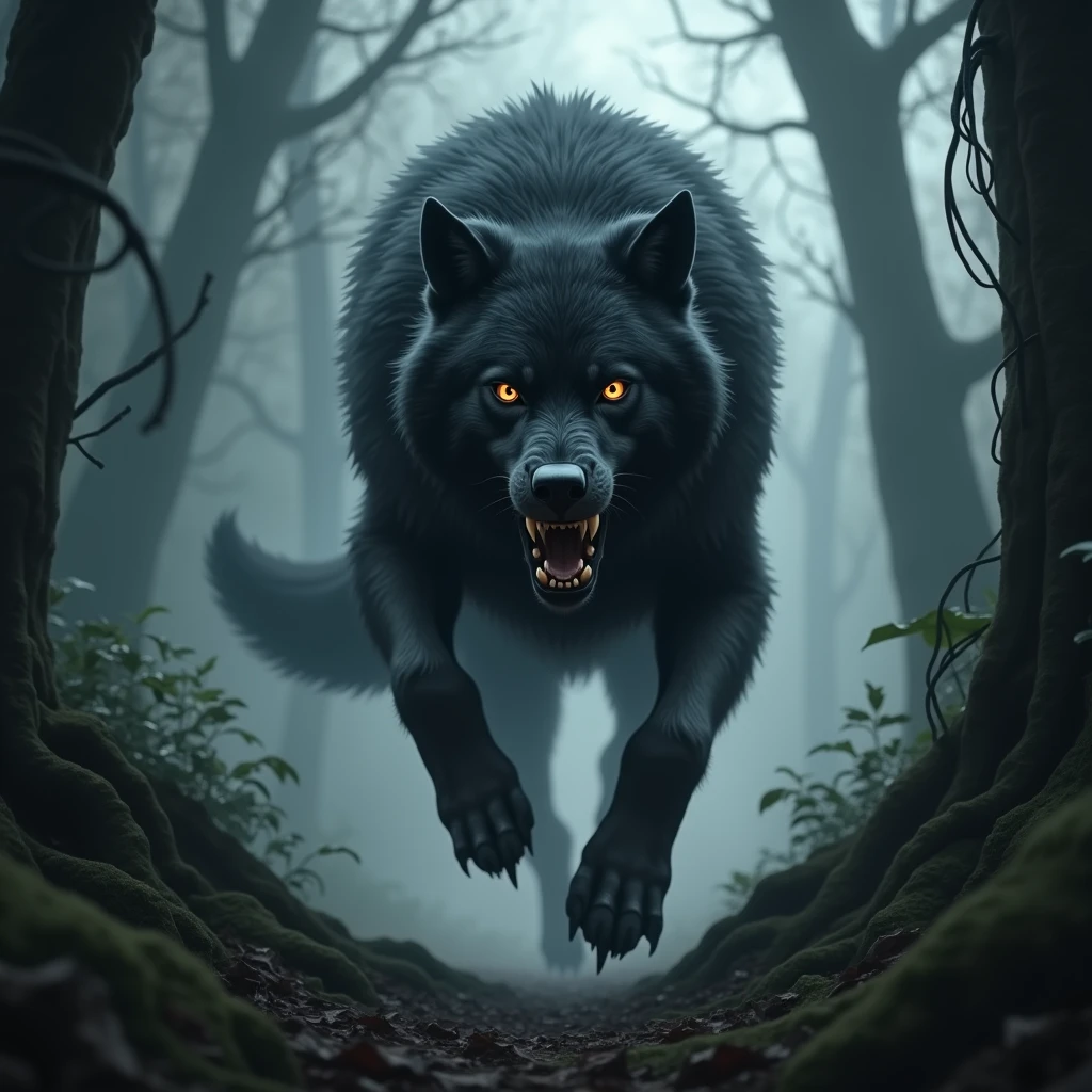 A massive black wolf with sharp, glistening fangs is running full speed toward the viewer, its mouth open wide in a ferocious snarl, ready to attack. The wolf's dark fur is matted and wild, and its glowing eyes are locked onto the viewer with a menacing intensity. The scene is set in a dense, smoky jungle, with thick underbrush and towering trees partially obscured by the heavy mist. The path the wolf is charging down is narrow, overgrown with twisted roots and foliage, adding to the sense of impending danger. The overall atmosphere is dark and ominous, with the dense fog swirling around the wolf, making its approach even more terrifying