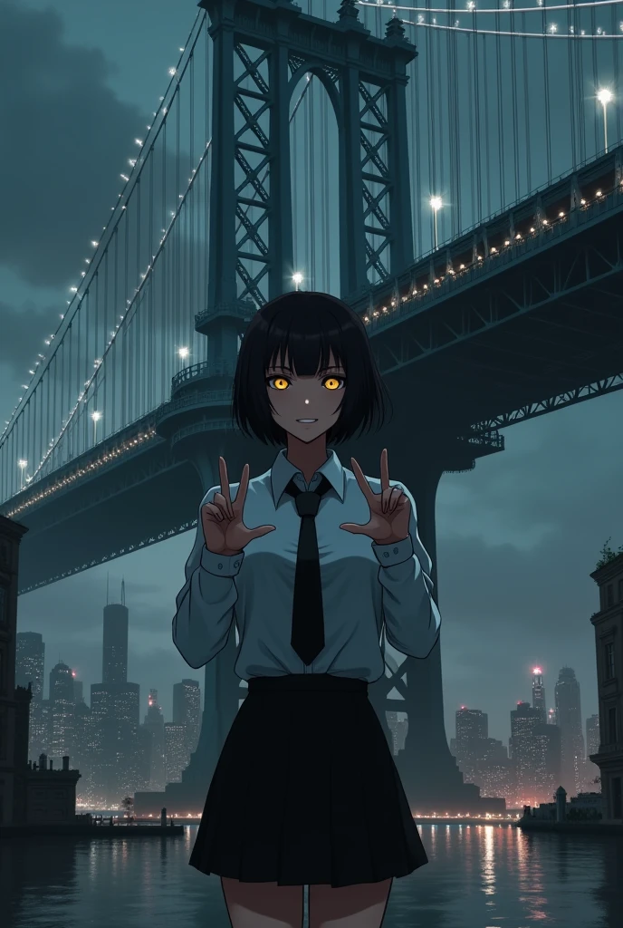 The image is anime style cowboy bebop and Darker than black with shadows and dim lights, anime style although somewhat adult and dark, It shows a woman with black hair and dark yellow eyes., smiling in a sinister and psychopathic way, who wears a formal shirt and skirt and makes a photo sign with his fingers. He looks psychopathic, is stopped, You can see the black high heels she wears. Behind her, You see a huge city with a huge bridge that goes to the sky. stop, You can see the black high heels she wears.