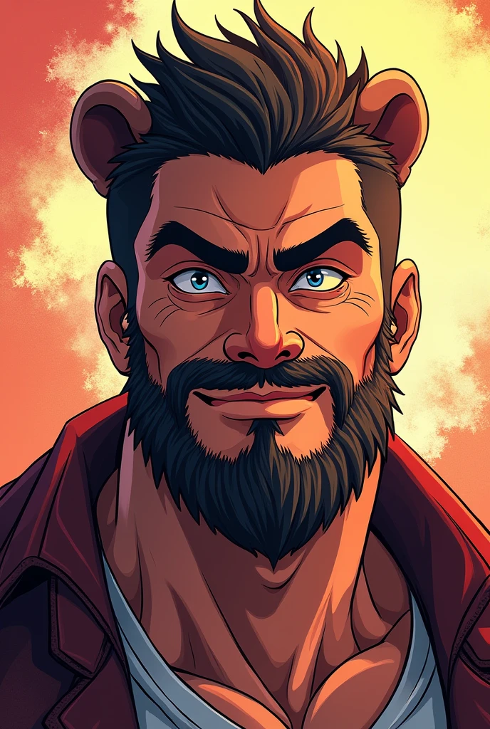 Create a anime cartoon face like attitude high value man with bear 
