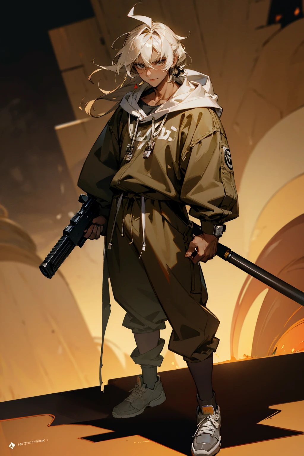Masterpiece Quality, Perfect Generation, Sclera, Detailed Eyes, Skin, Hair, Muscular, Sweats Clothing, Random Expression, , Dark Street Background, Full Body, Tanned Skin, , , Clothed, Hair Tie, Male, Gangbanger, , tall, Smiling, Standing, strong, , Black eyes, Dark Skin, masculine, gun in hand, ear phones, goggles