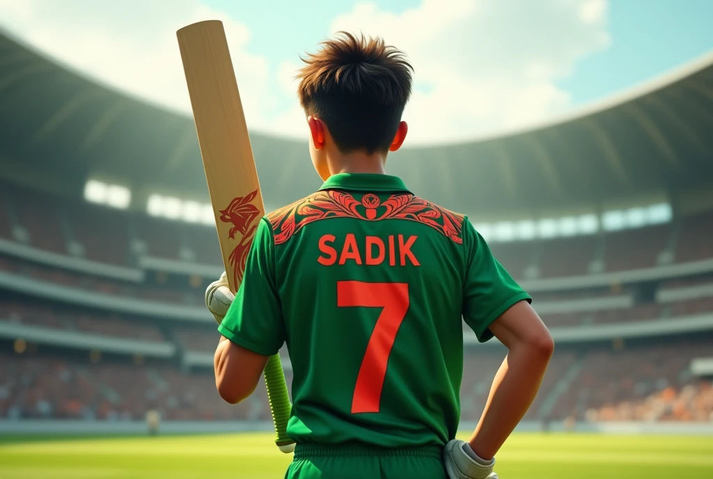 2 1 ager wearing a green jarsey and red Design in a cricket stadium standing through cricket bat at And the jarsey number is 7.Show the backside.show the name of jarsey Sadik
