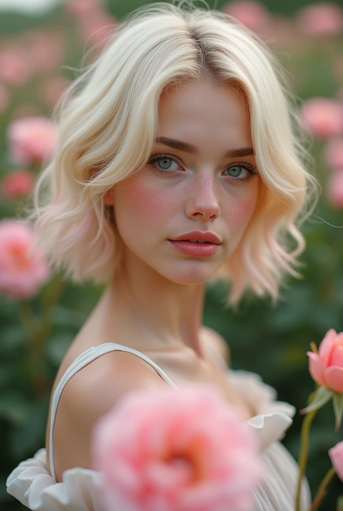8k, RAW photo, Fujifilm, style photo of a beautiful young woman as avril in a garden of light pink roses (highly detailed skin: 1.2) Style-Petal BREAK short hair, blonde hair with colored locks, wearing a dress, film granulation, 35mm, cute style
