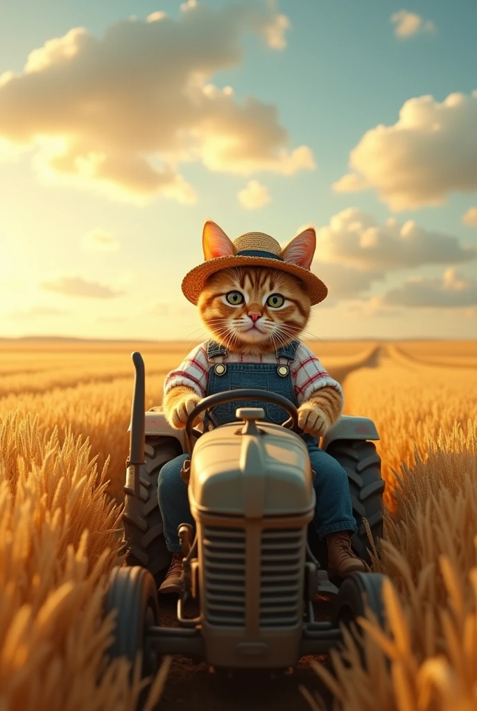 A striking photorealistic image of a feline friend in overalls and a straw hat, driving a tractor through a vast, golden wheat field. The cat's expression exudes confidence and determination as it expertly handles the machinery. The background is a vast, open sky with fluffy clouds, and the sun casts a warm golden glow over the scene. The image has a slightly surreal, 4D feel, blurring the lines between reality and fantasy.