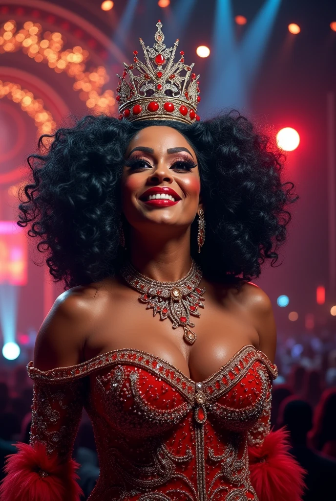 UniquaAMarx.jpg make an image with this drag queen being crowned the champion