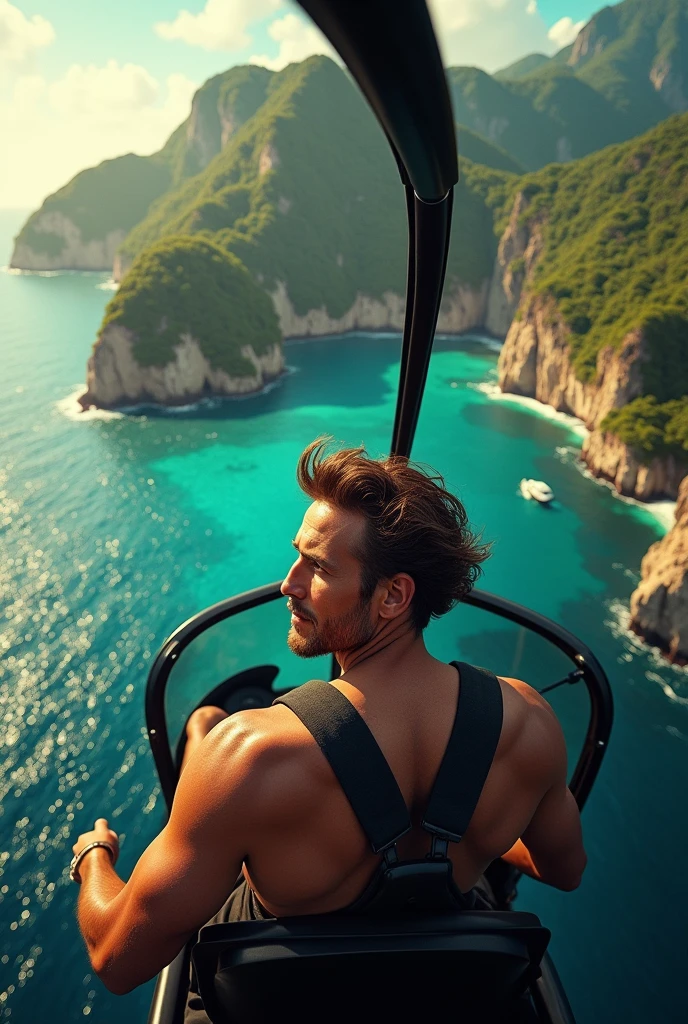Picture of a man on a helicopter with an island in the backround