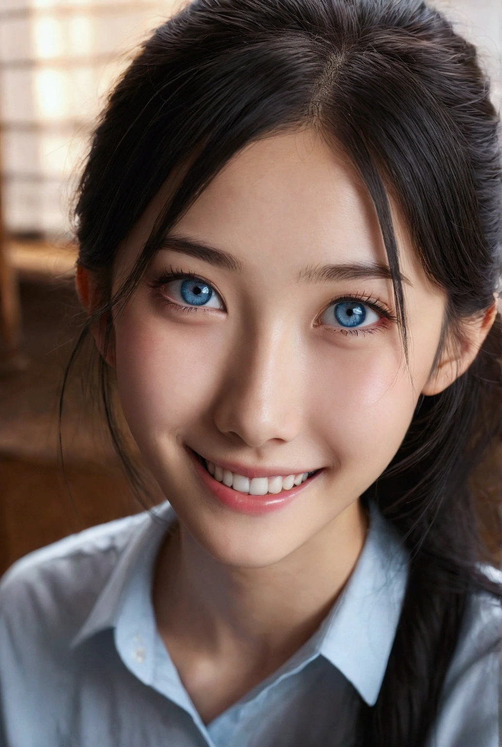 pretty girl, Slim figure, , Aerial photos, Detailed face, Beautiful Eyes, Long eyelashes, Cute expression, Cozy living room, Realistic, 4K, high quality,Black Hair,blue eyes,smile,Japanese、high school student、Girl、美Girl、Double、Dark Eyes