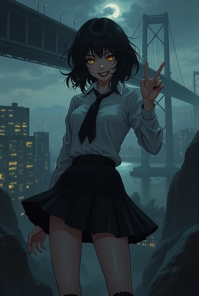The image is anime style cowboy bebop and Darker than black with shadows and dim lights, anime style although somewhat adult and dark, It shows a woman with black hair and dark yellow eyes., smiling in a sinister and psychopathic way, who wears a formal shirt and skirt and makes a photo sign with his fingers. He looks psychopathic, is stopped, You can see the black high heels she wears. Behind her, You see a huge city with a huge bridge that goes to the sky. stop, You can see the black high heels she wears. Wear high heels, beautiful legs.