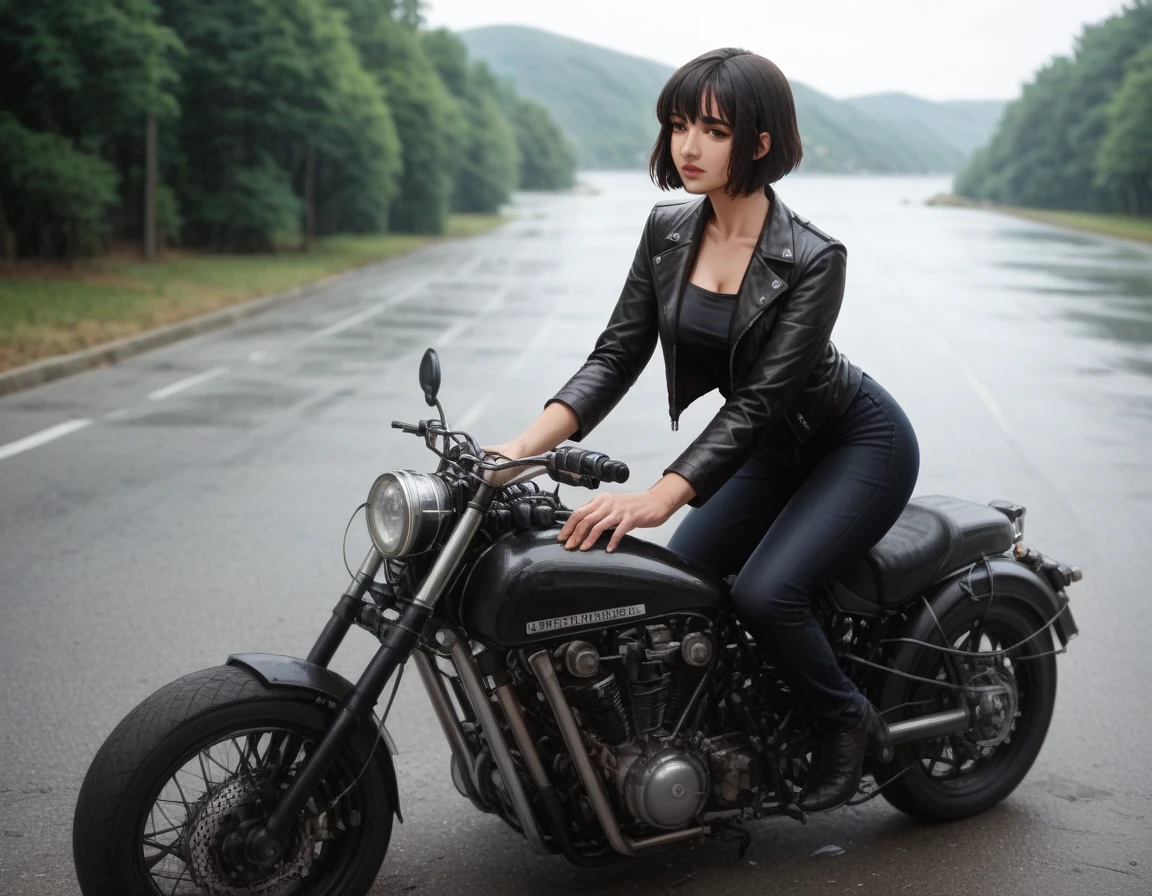 (クラシックRiding on motorcycle )、(Vintage Bikes、Bluff Superior SS100)、(Accurate bike shape)、Photograph the entire bike、(The balance between people and bike size is our number one priority:1.2)、 (Riding on motorcycle:1.2), Beautiful young woman、1、Beautiful Face, Beautiful and delicate eyes, Black Hair, Short Bob Hair, Classic Leather Jacket、With goggles、After the Rain、English countryside、 Coastal road with ocean view、Detailed Description、(Highest quality, masterpiece, High resolution)、8k、wallpaper