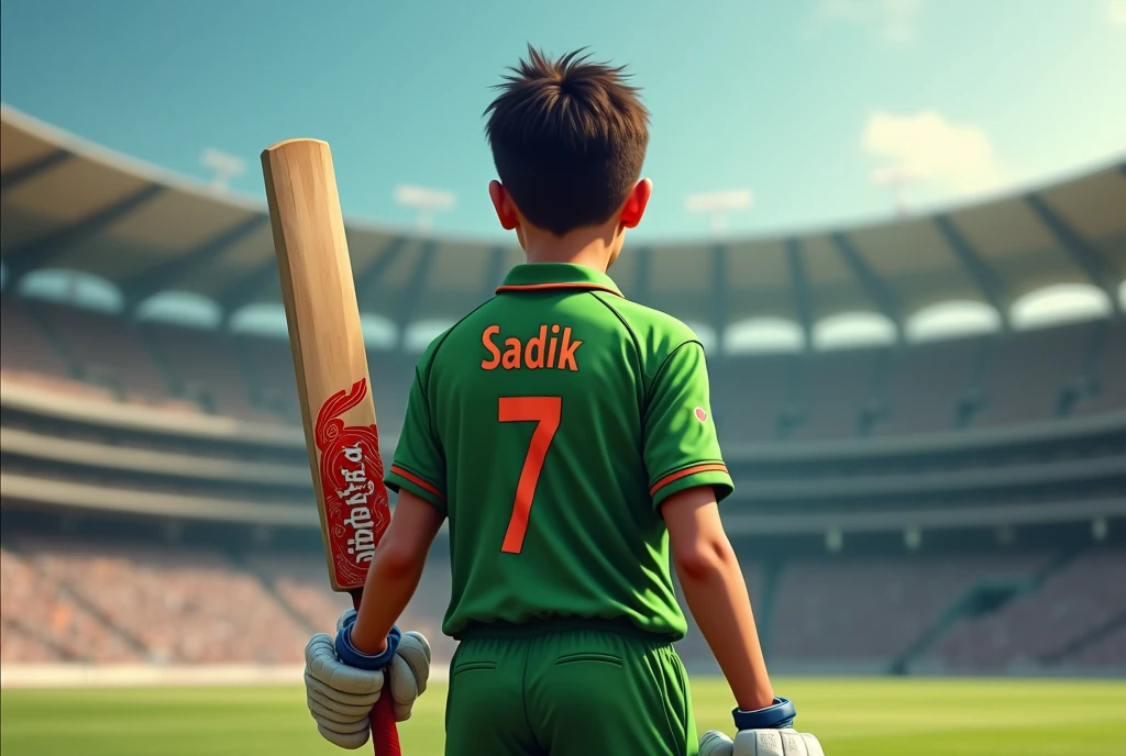 2 1 ager wearing a green jarsey and red Design in a cricket stadium standing through cricket bat at And the jarsey number is 7.Show the backside.show the name of jarsey Sadik
