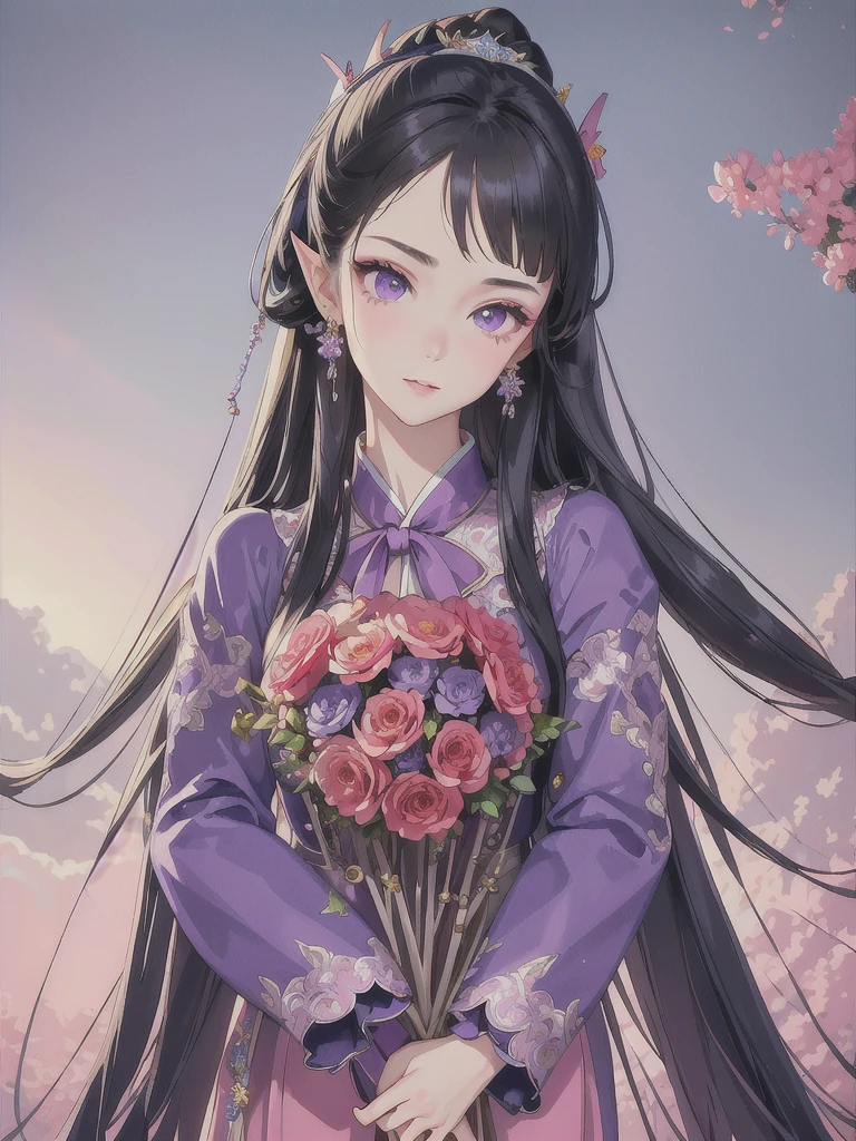 masterpiece, Highest quality, A girl holding a bouquet in both hands, 超detailed, Ultra-high resolution, Distinctive facial features, Anatomically correct, pretty girl, detailed, Long pointy ears, Fairy, Nice face,Black Hair, Purple eyes, Polish national costume, (Big beautiful bouquet:1.3),Art Deco,