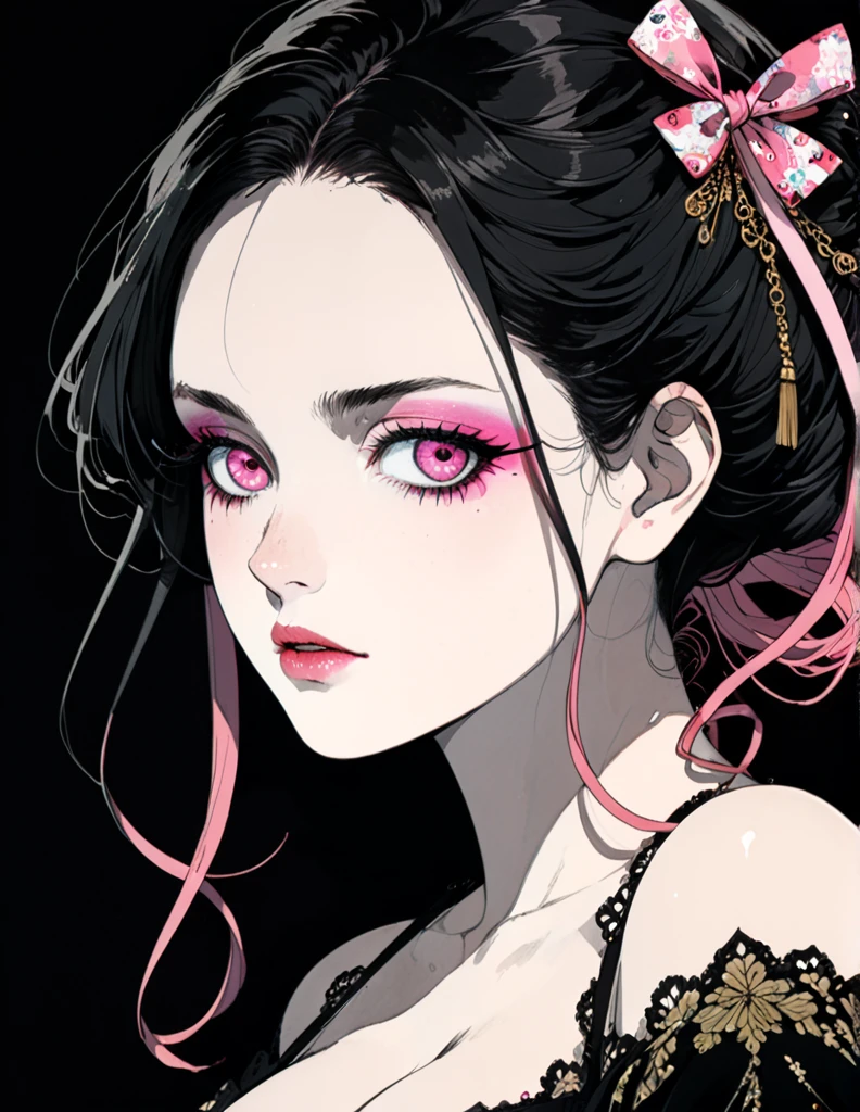 in style of Harry Clarke, drawing by Conrad Roset, close up, (darkness:1.2),(very detailed shadows:1.2),absolute shadows,absolute darkness, kamado nezuko, black hair, pink eyes, pink hair ribbon, two-tone hair, cleavage, big breasts, 