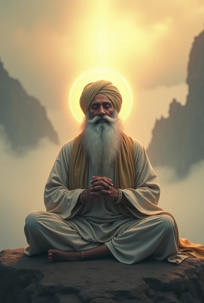 Sikh old man with long beard meditating eyes and closed hands in solitude radiant light walking in cloudy landscape