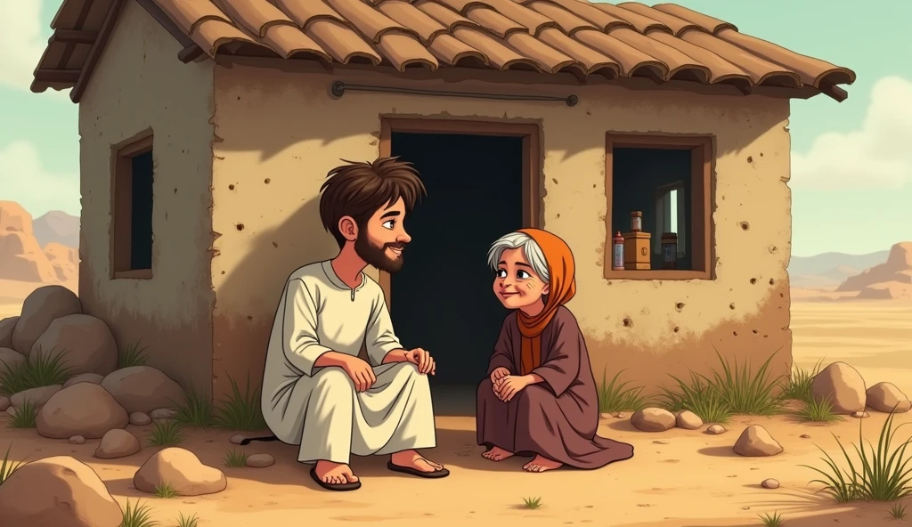 Animated image of a young Muslim man sitting with his old mother in front of a small, dilapidated house.