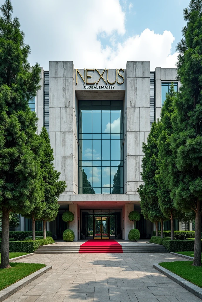 A wonderful and luxurious building, it's on it's own with large compound with trees and Grass with corporate Singaporean architecture and the words Nexus Global Embassy fully exposed on the building separate concrete with red carpet on the entrance with a good full view and angle .Expose the words Nexus Global Embassy on the concrete fully I can't see the words and the driveway the spelling is wrong
