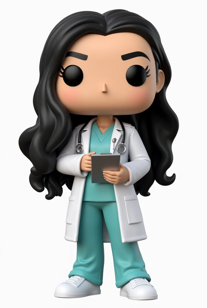 Create a Funko Pop of a girl named Kellen, De pele clara, long black hair. Funko must be wearing doctor's clothes and medical equipment, Typography, the rendering must be in 3D with a white background.