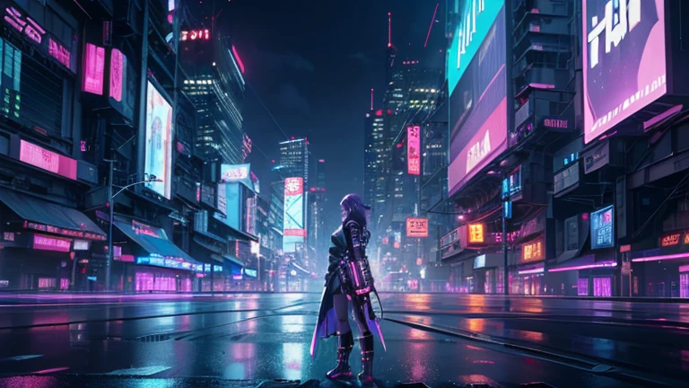 Very detailed,High resolution,4K,8k,masterpiece,High resolution,(panoramic scene,very wide shot:1.3),(Late Night,Cyberpunk cityscape,Purple neon lights shine brightly),Ninja standing on the road