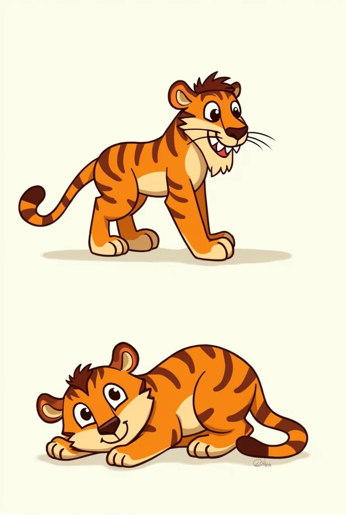 (animated style) Give me two drawings of Diego the character from Ice Age, of a children's drawing style, one where I am walking and another where I am sleeping, bottomless
