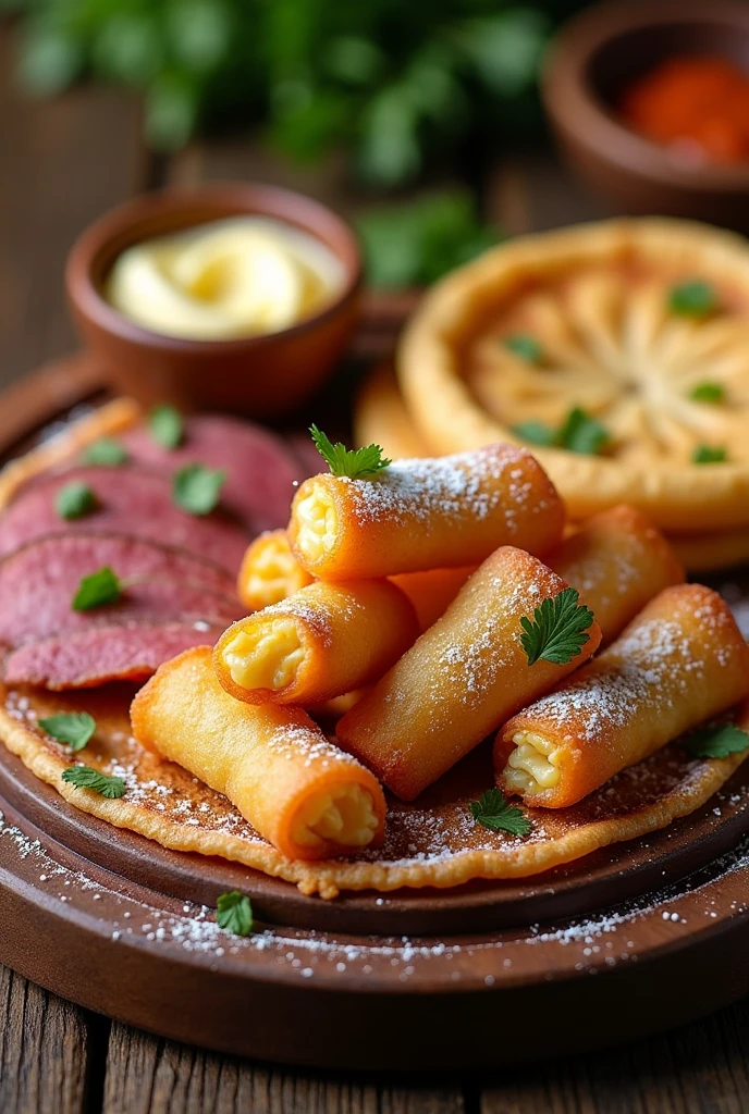 Tequeños, roast beef and 1 arepa 
