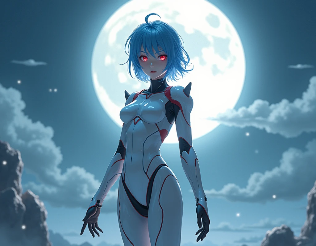 ayanami rei evangelion combat suit anime ultra realistic version under the moonlight doing dancer pose 