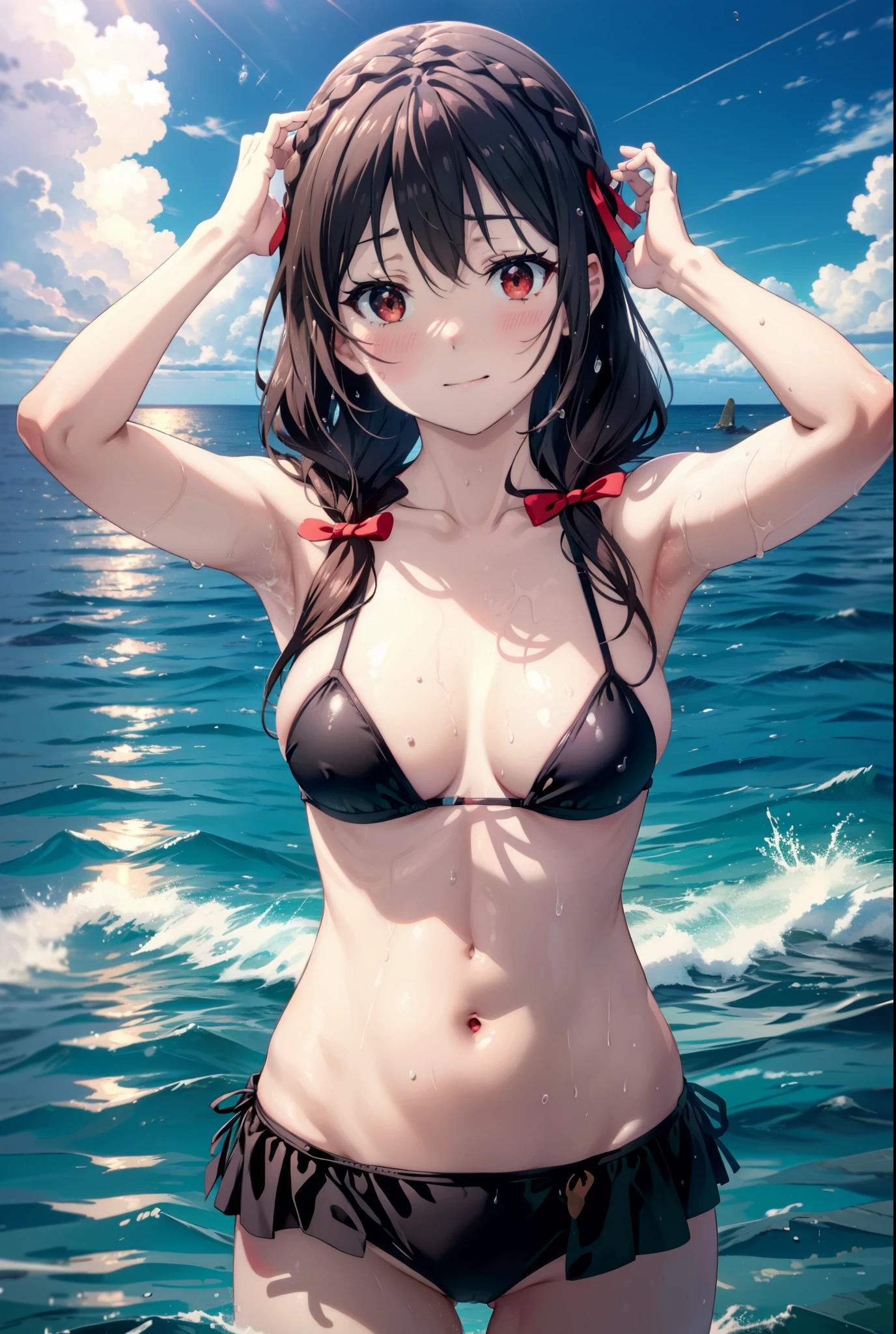 Yunyun, Long Hair, Black Hair, hair ornaments, (Red eyes:1.3), bow, ribbon, Twin tails, Braiding, hair bow, Black string bikini swimsuit,barefoot,Wet swimsuit,Wet Skin,Wet Hair,smile,blush,Open your mouth,Big Breasts,True Summer,Clear skies,Daytime,whole bodyがイラストに入るように,
break outdoors, Ocean,
break looking at viewer, whole body,(Cowboy Shot:1.5),
break (masterpiece:1.2), Highest quality, High resolution, unity 8k wallpaper, (figure:0.8), (Beautiful attention to detail:1.6), Highly detailed face, Perfect lighting, Highly detailed CG, (Perfect hands, Perfect Anatomy),