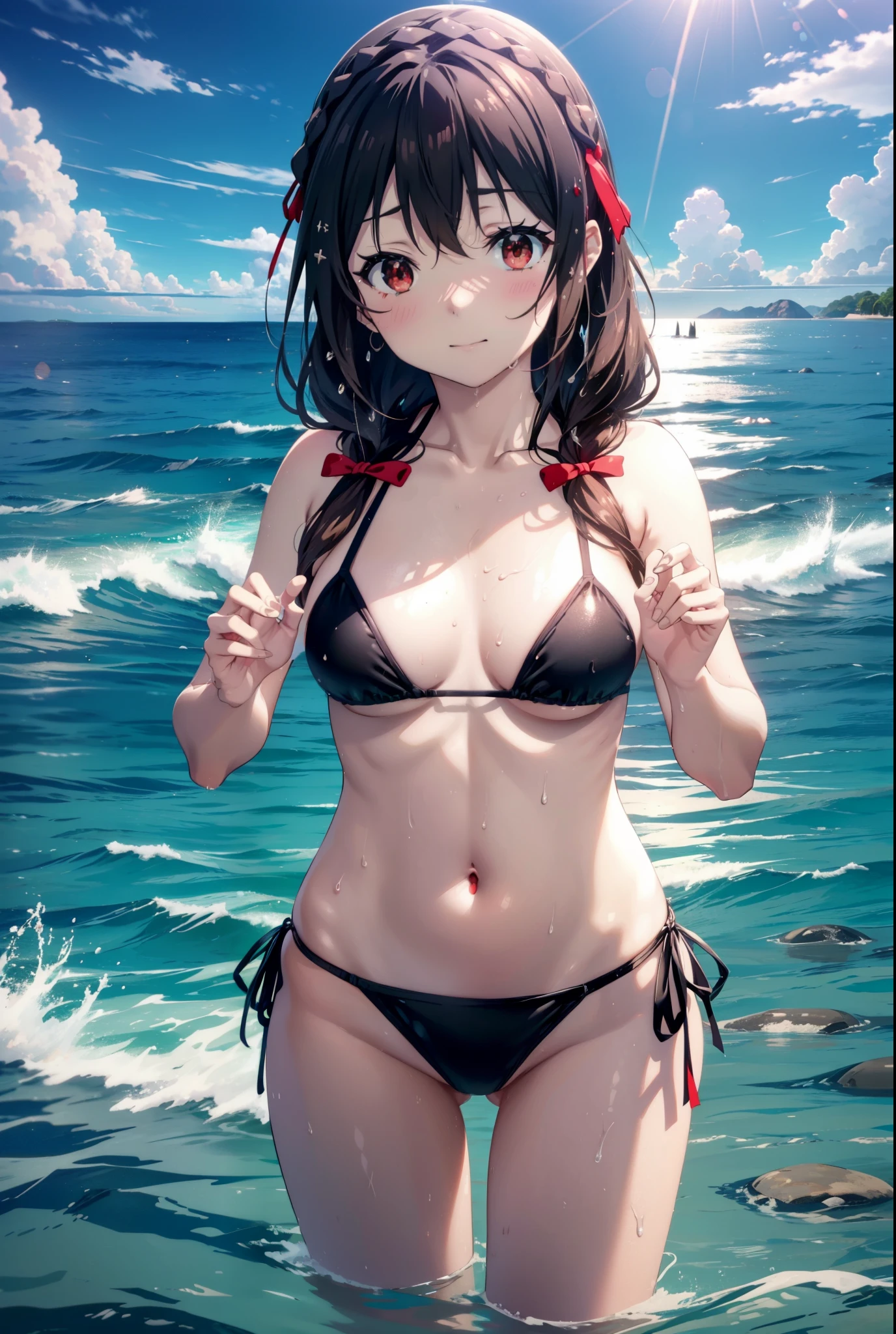 Yunyun, Long Hair, Black Hair, hair ornaments, (Red eyes:1.3), bow, ribbon, Twin tails, Braiding, hair bow, Black string bikini swimsuit,barefoot,Wet swimsuit,Wet Skin,Wet Hair,smile,blush,Open your mouth,Big Breasts,True Summer,Clear skies,Daytime,whole bodyがイラストに入るように,
break outdoors, Ocean,
break looking at viewer, whole body,(Cowboy Shot:1.5),
break (masterpiece:1.2), Highest quality, High resolution, unity 8k wallpaper, (figure:0.8), (Beautiful attention to detail:1.6), Highly detailed face, Perfect lighting, Highly detailed CG, (Perfect hands, Perfect Anatomy),