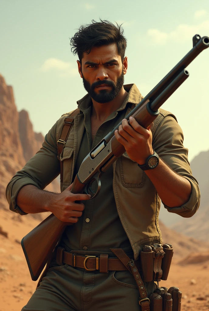 A desi guy with double barrel shotgun 