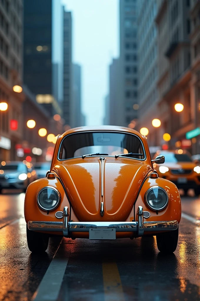 Make a short video of a VW Beetle with a blurred city background.