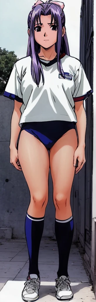 Momoko Koigakubo, a tall girl with beautiful legs, stands in a white gym uniform and light navy blue bloomers that look like panties.。