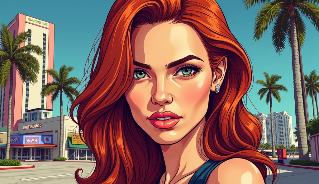 Contour drawing with thick lines, portrait of a woman in GTA style, redhead, background - Miami city