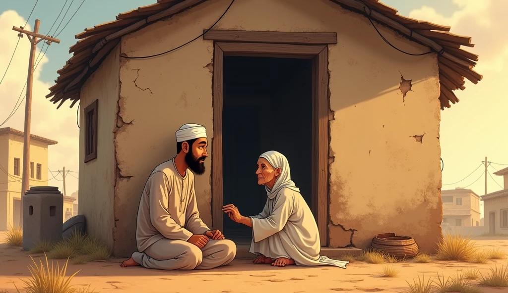 Animated image of a young Muslim man sitting with his old mother in front of a small, dilapidated house.