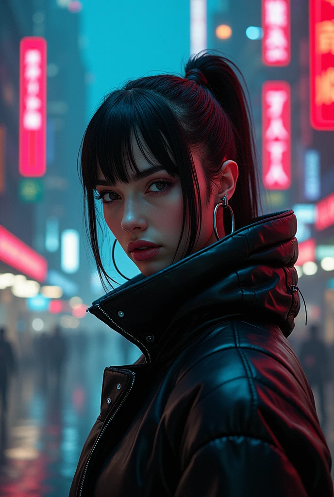 A female, (cyberpunk:1.2), cinematic film still, lights, noir, modern, , (sleek), Cybernetic, Luis Royo , (ross tran, Alphonse Mucha's, Erwin Blumenfeld), Albert Watson