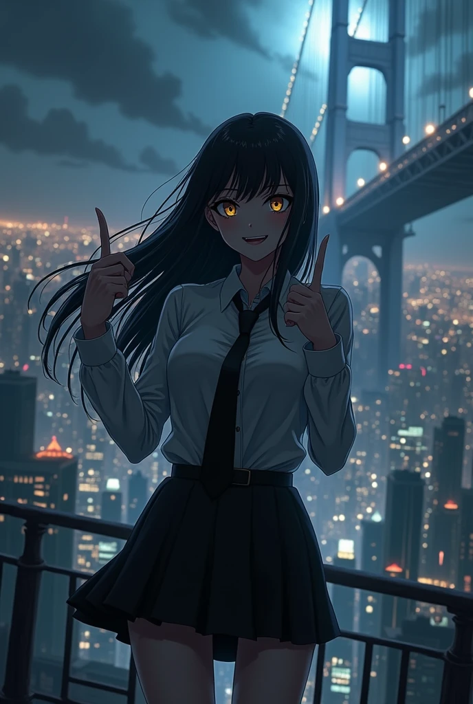 The image is anime style cowboy bebop and Darker than black with shadows and dim lights, anime style although somewhat adult and dark, It shows a woman with black hair and dark yellow eyes., smiling in a sinister and psychopathic way, who wears a formal shirt and skirt and makes a photo sign with his fingers. He looks psychopathic, is stopped, You can see the black high heels she wears. Behind her, You see a huge city with a huge bridge that goes to the sky. stop, You can see the black high heels she wears. Wear high heels, pies. Long hair.