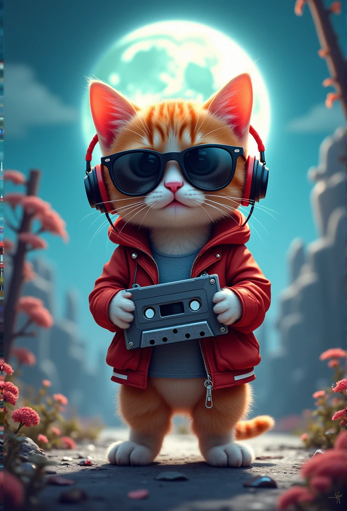 Perfect centering, Cute kitten, Wear a school jacket, Wear sunglasses, Wearing headphones and holding a cassette tape, Standing position, Abstract Beauty, Centered, Looking into the camera, To the camera, Near perfect, dynamic, moonlight, Very detailed, Digital Painting, artステーション, コンセプトart, Smooth, Sharp focus, 8k, High resolution, shape, art：Khan Griffith and Vadim Kashin, World Heritage Background 16,9