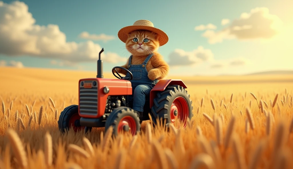 A striking photorealistic image of a feline friend in overalls and a straw hat, driving a tractor through a vast, golden wheat field. The cat's expression exudes confidence and determination as it expertly handles the machinery. The background is a vast, open sky with fluffy clouds, and the sun casts a warm golden glow over the scene. The image has a slightly surreal, 4D feel, blurring the lines between reality and fantasy.