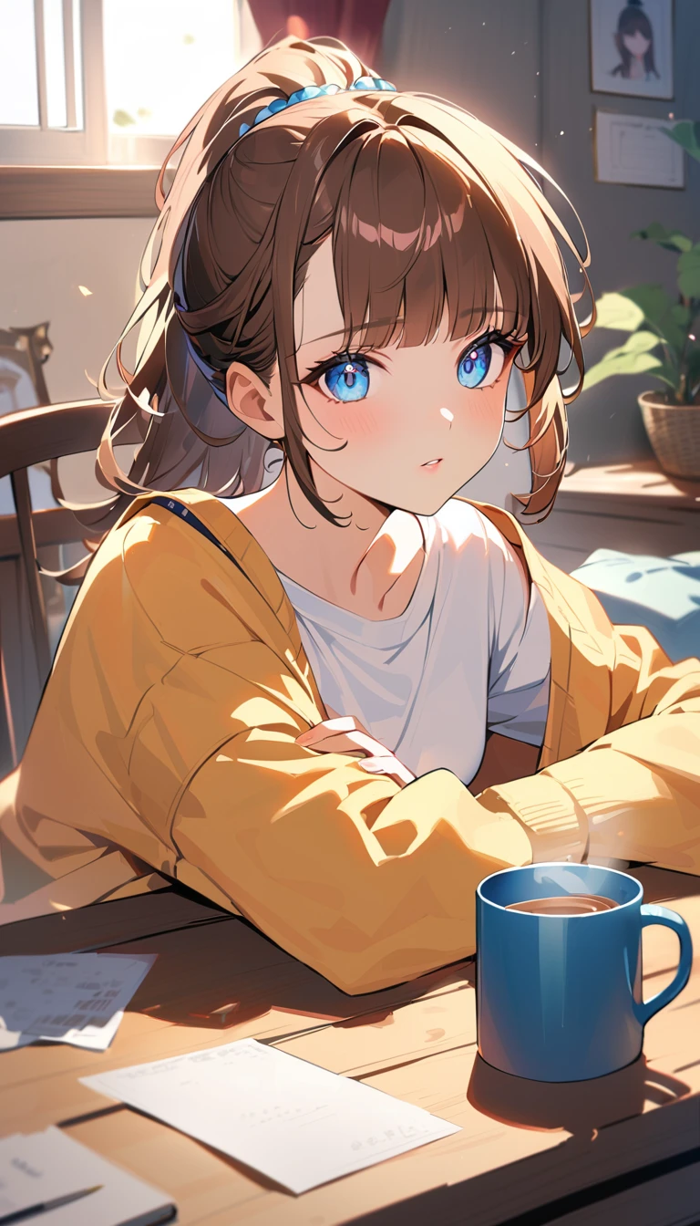 1woman, 独奏, Blue eyes, detailed eyes, light lips, 25years old, Brown Hair, Neat bangs, ponytail, oversized yellow cardigan, White T-shirt, Put your mouth on the mug,My Room, Relaxed atmosphere