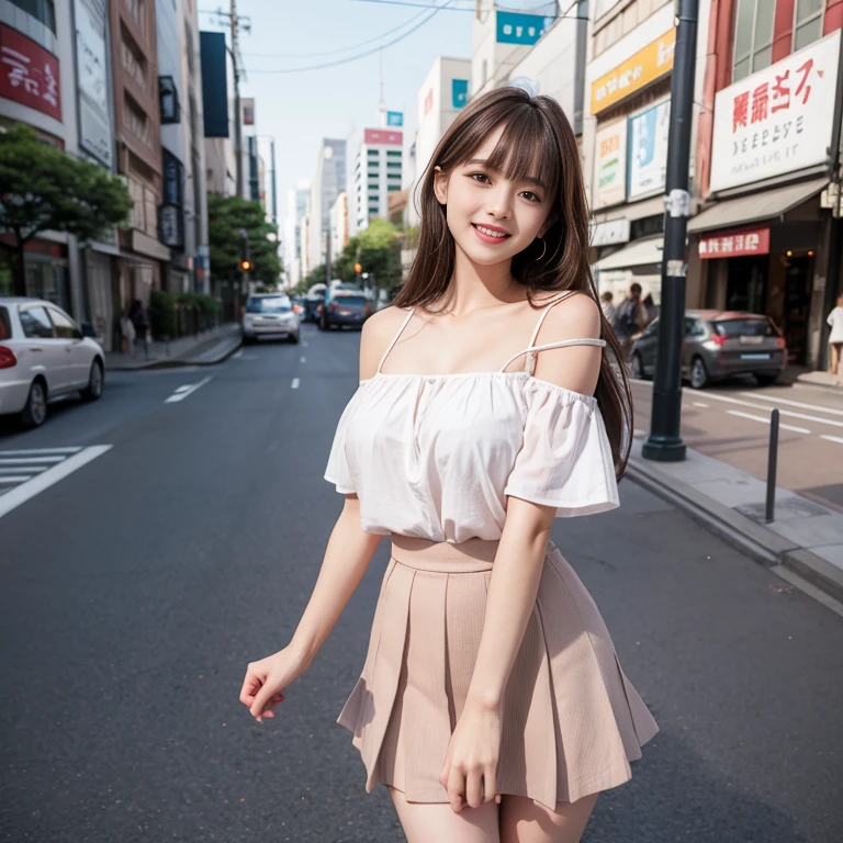 laughing out loud,2,Skirt length above knee,Wearing a white pleated skirt,(knee shot), 1 female, On the face, laughing out loud, light brown hair, blunt bangs, hair behind ears, Shoulder length hair, long hair, Slender body type, 超face slimming型, face slimming, delicate lips, beautiful eyes, Thin blush, Eyes are light brown,Check it out here, (actual:1.3), standing next to the street,The background is Tokyo Tower, One person's perspective, 8k, Super detailed, high quality, best quality, High resolution,,Large Breasts,The breasts are H-cups, Off-shoulder tops,normal two feet